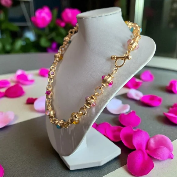 18k Matte Gold Byzantine Frosted Pastel Cabochon Toggle Necklace - Picture 4 of 4